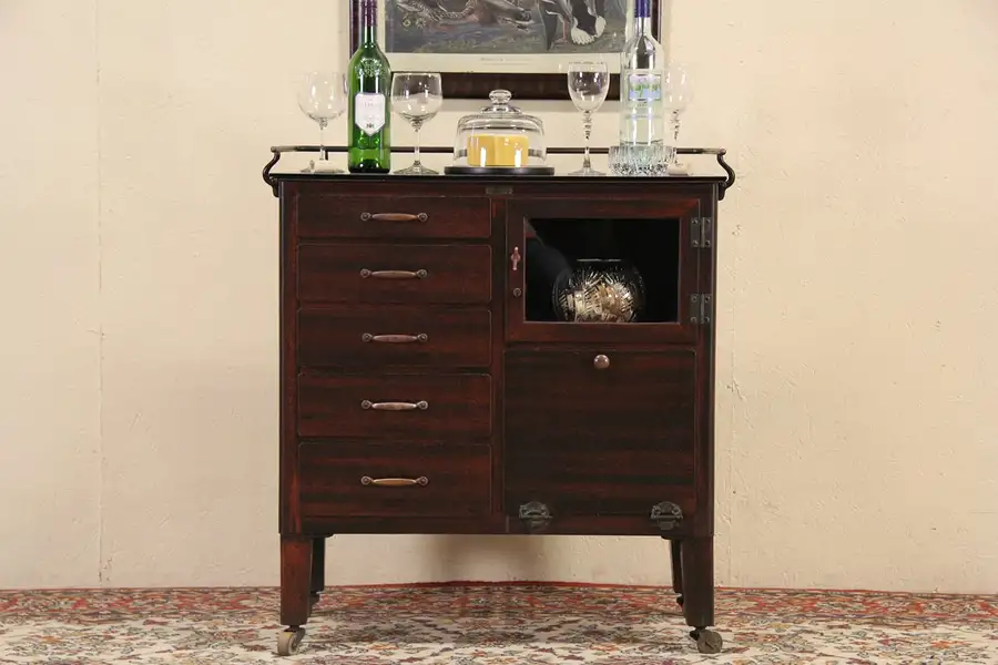 Main image of Physician Antique 1900 Doctor Medical Cabinet, Mueller of Chicago, Black Glass
