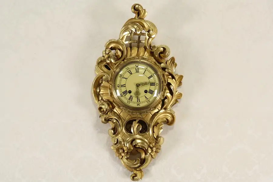 Main image of Swedish Westerstrand Gold Rococo Carved Vintage Cartouche Wall Clock