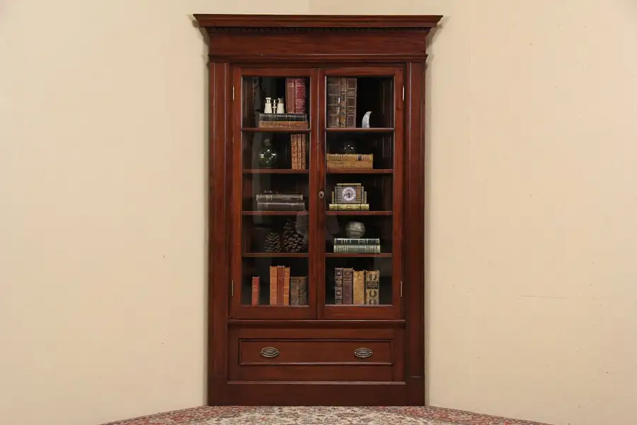 Main image of Architectural Salvage Antique 1900 Corner Cabinet, Glass Doors