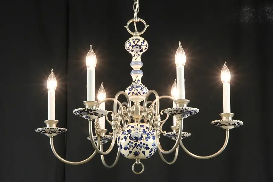 Main image of Blue Delft China & Pewter Vintage Chandelier