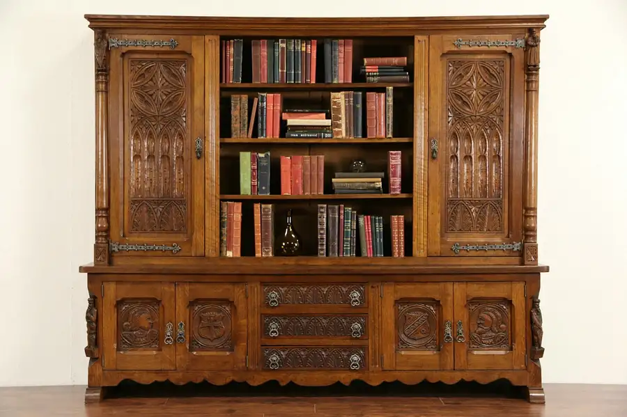 Main image of Gothic Oak 1930's Vintage Dutch Bookcase Library Cabinet, Carved Figures