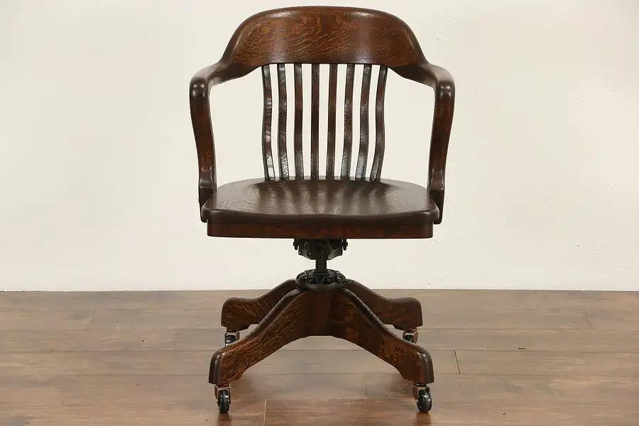 Main image of Oak Swivel Adjustable Desk Chair, Signed Milwaukee Pat. 1914