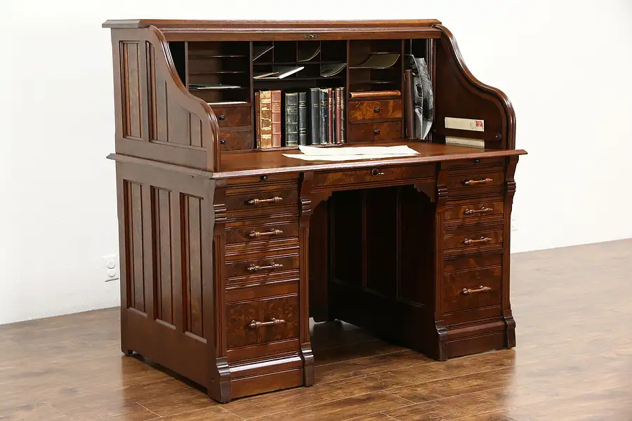Main image of Victorian 1885 Antique Walnut & Burl Antique S Curve Roll Top Desk, 55" Wide