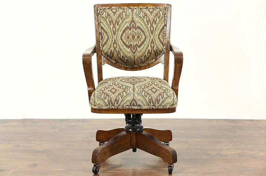 Main image of Oak 1914 Antique Swivel Adjustable Library or Office Desk Chair, New Upholstery