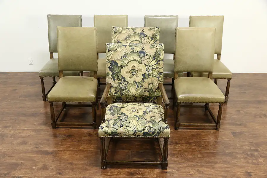 Main image of Set of 8 Large Vintage Fruitwood Dining Chairs, Leather & Fabric