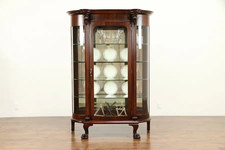 Main image of Curved Glass Antique Empire Mahogany China Curio Cabinet, Lion Heads