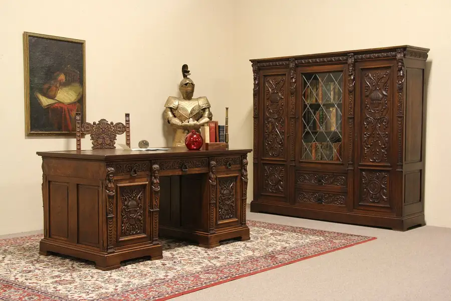 Main image of Renaissance Carved Oak Antique Partner Desk, Chair, and Bookcase