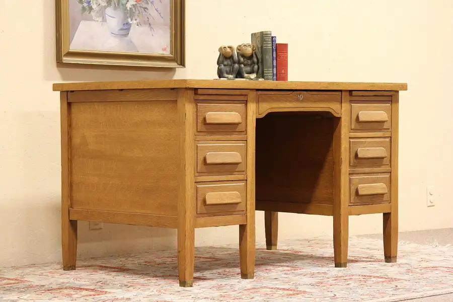 Main image of Oak 1930 Teacher Desk, File Drawer, Brass Feet