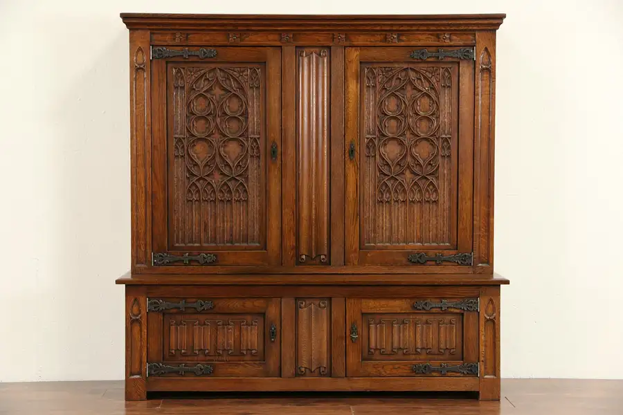 Main image of Gothic Carved Oak Dutch Bookcase or Library Cabinet, 1920's Vintage