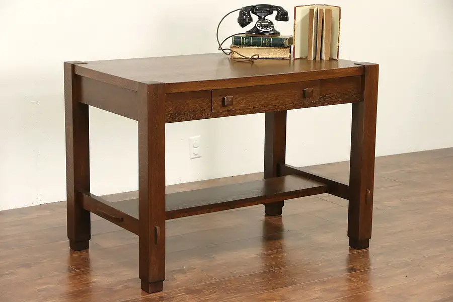 Main image of Arts & Crafts Mission Oak 1905 Antique Cadillac Desk, Library Table, Inkwell