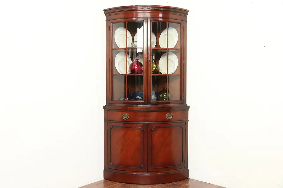 Main image of Drexel Travis Court Signed Vintage Mahogany Corner Cabinet, Curved Glass