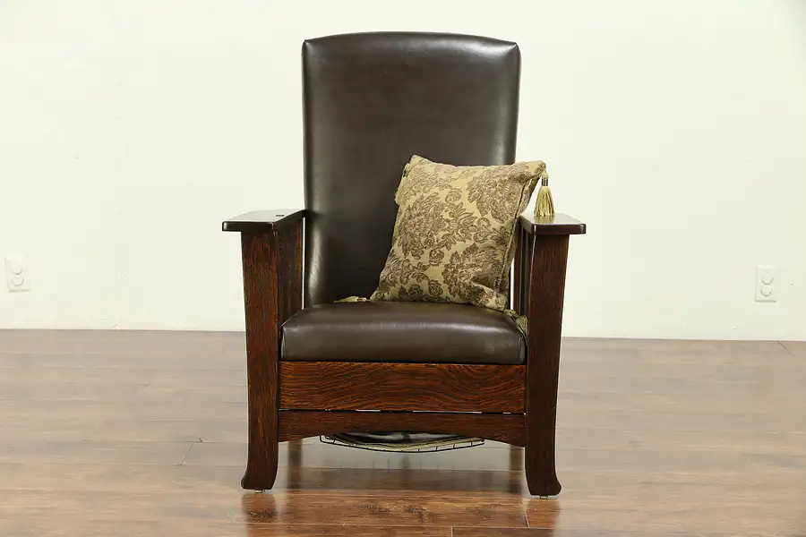 Main image of Craftsman Antique Mission Oak Arts & Crafts Morris Leather Recliner Chair