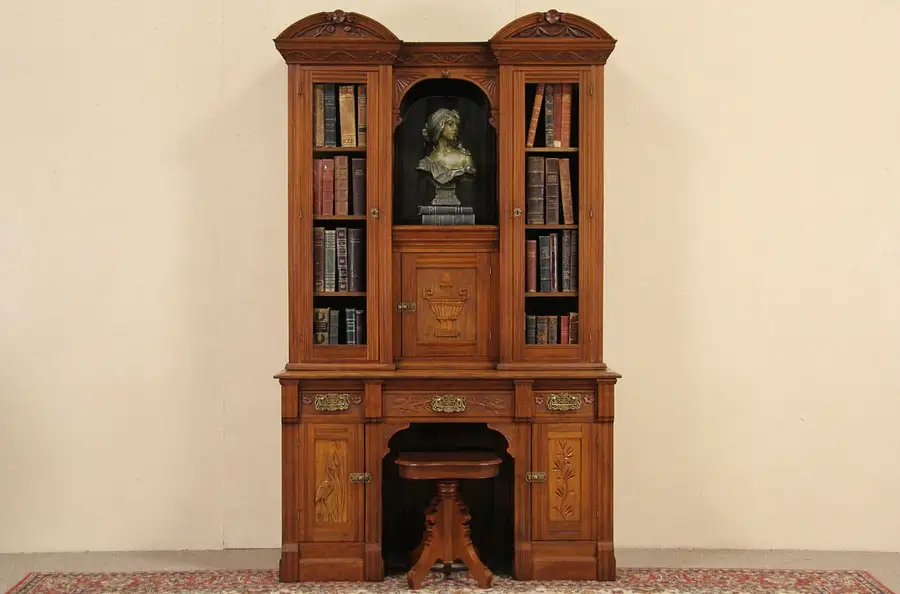 Main image of Eastlake Victorian Secretary Desk & Bookcase, Carved Birds