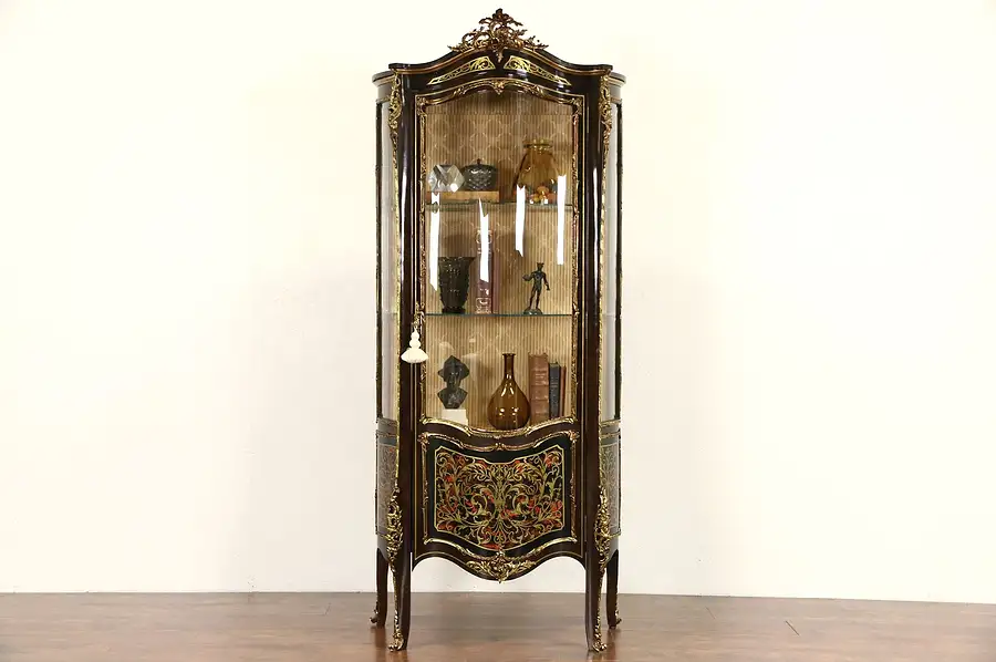 Main image of Curved Glass Spanish 1950's Vintage Curio Cabinet or Vitrine Faux Boulework