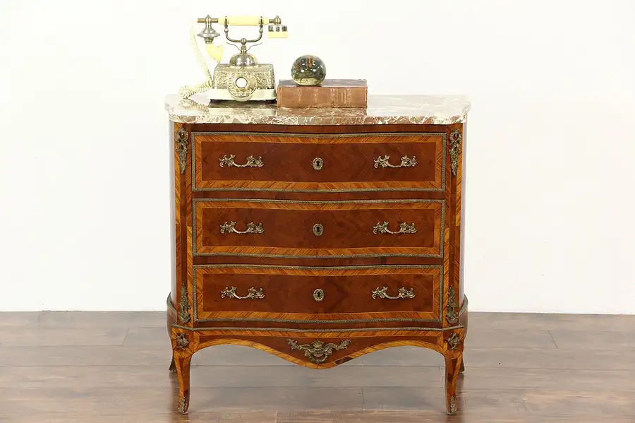 Main image of French Antique Rosewood Marquetry 1920's Chest or Commode, Marble Top