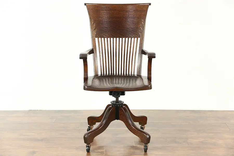 Main image of Oak Antique Swivel Adjustable Desk Chair, Arms & Wheels, Signed