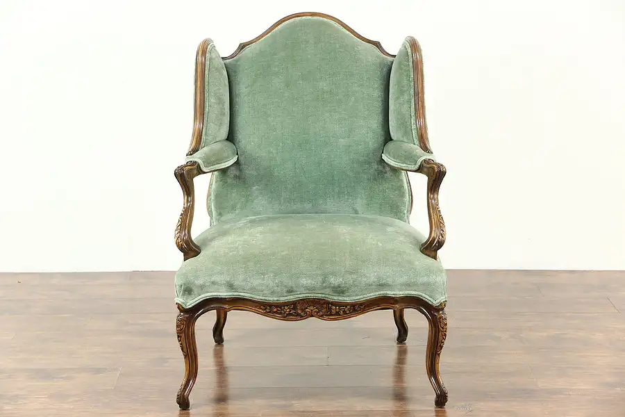 Main image of Country French Carved Fruitwood Vintage Large Wing Chair, Recent Velvet