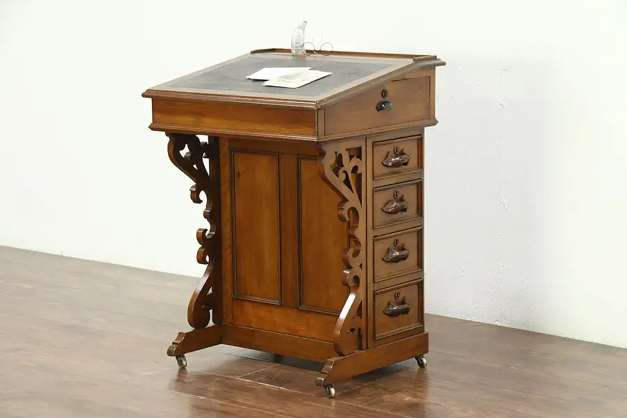 Main image of Davenport or Ship Captain 1875 Antique Victorian Carved Walnut Desk