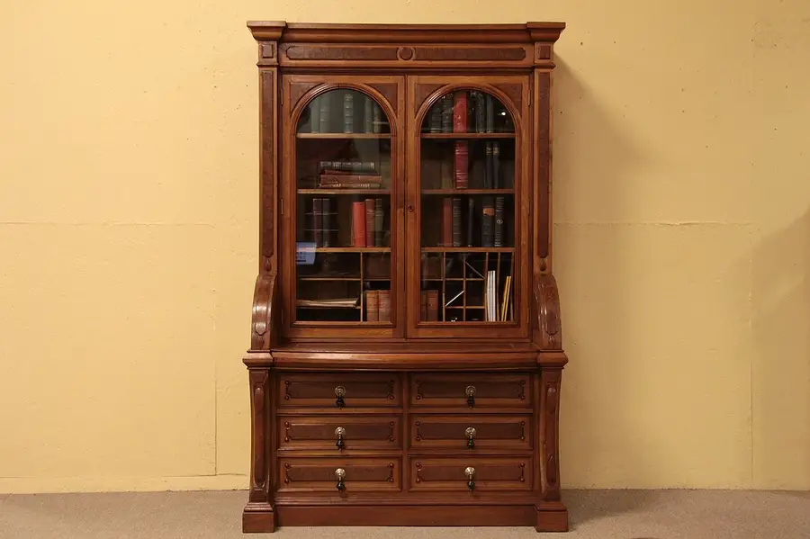 Main image of Victorian Butternut & Walnut Secretary Desk Bookcase