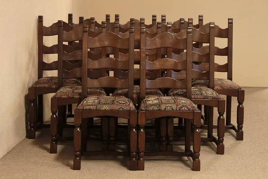 Main image of Set of 12 Antique Oak Dining Chairs, Upholstered