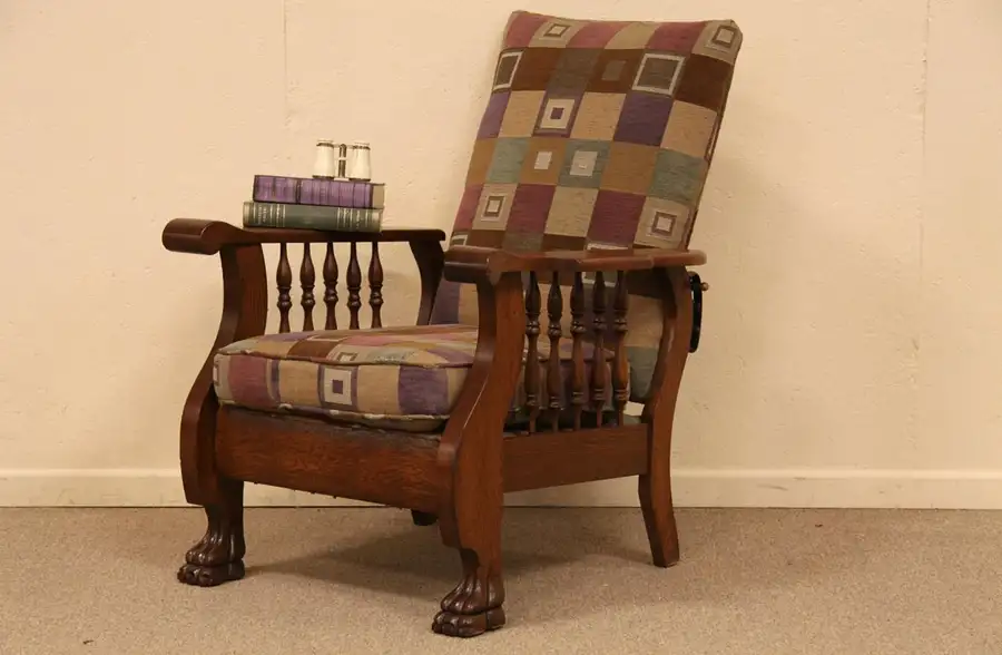 Main image of Victorian Morris Oak Reclining Chair, Lion Paws