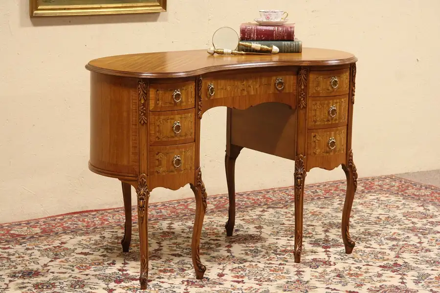 Main image of French Style 1940 Vintage Satinwood Kidney Shaped Desk or Vanity