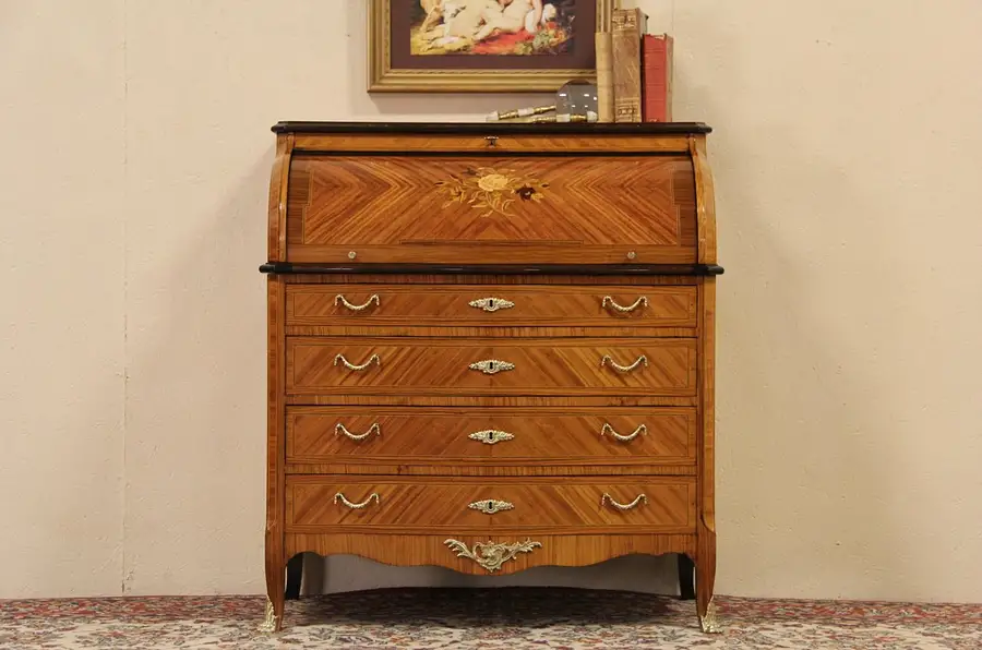 Main image of Marquetry Rosewood Scandinavian Vintage Cylinder Rolltop Desk