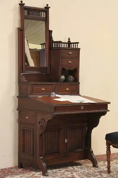Main image of Victorian Eastlake Secretary Antique 1875 Desk & Mirror