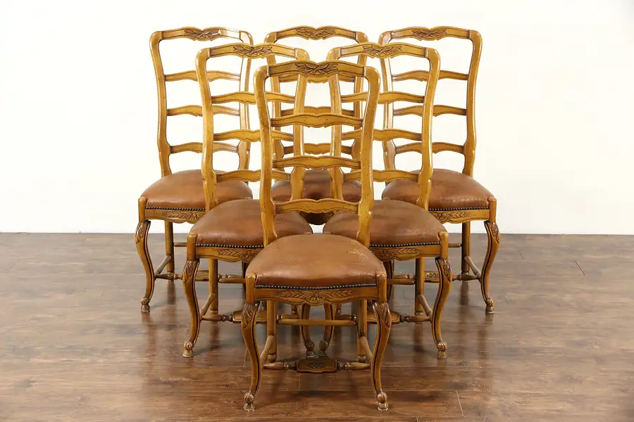 Main image of Set of 6 Carved Italian Vintage Dining Chairs, Leather Seats