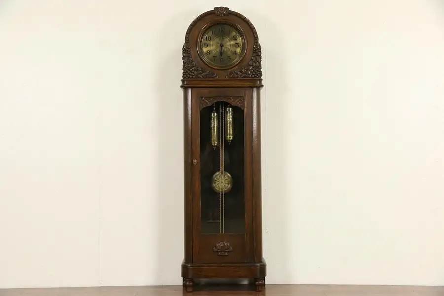 Main image of Oak Carved Art Deco 1915 Antique German Grandfather Long Case Clock