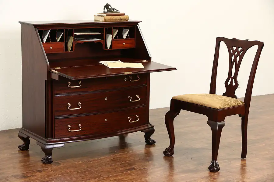 Main image of Georgian 1910 Antique Mahogany Secretary Desk & Chair, Carved Ball & Claw Feet