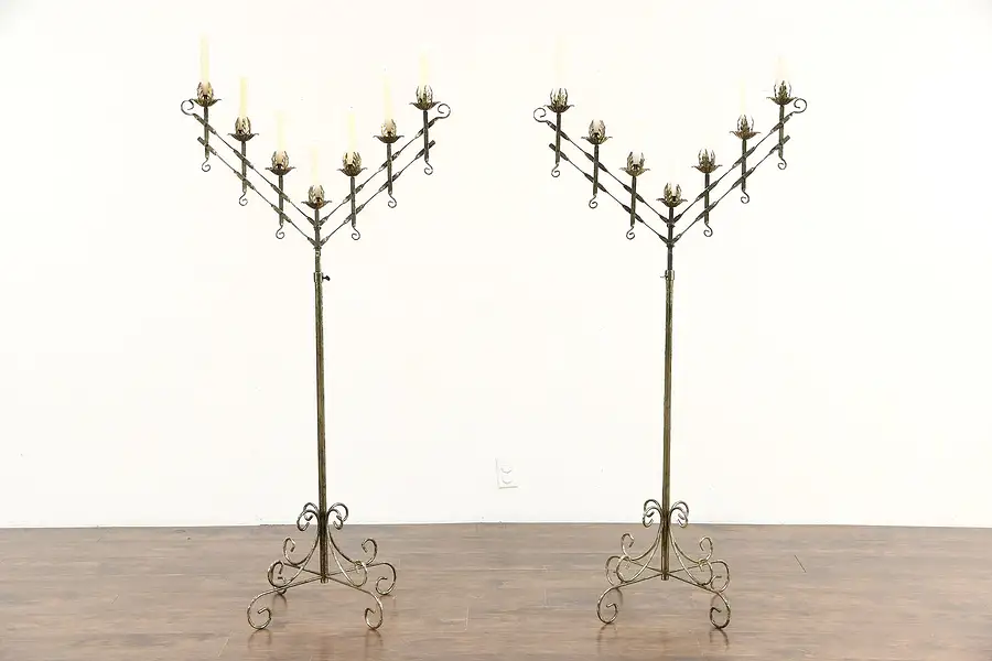Main image of Pair Adjustable 7 Candle Vintage Wrought Iron Floor Candelabra