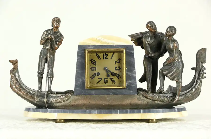 Main image of Art Deco French Onyx Mantel Clock, Venetian Gondola, Statues, Signed Japy Freres
