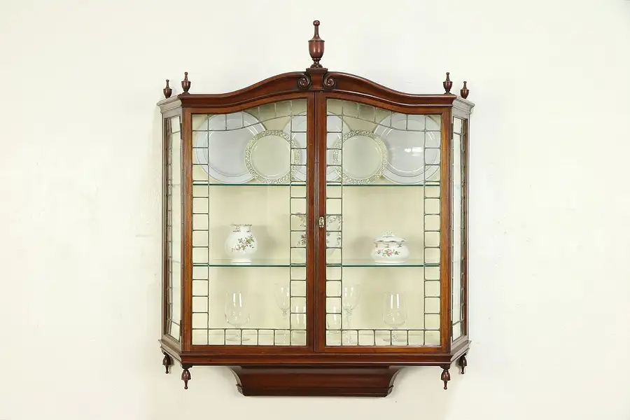 Main image of English Antique Wall Hanging Vitrine or Curio Cabinet, Leaded Glass Doors
