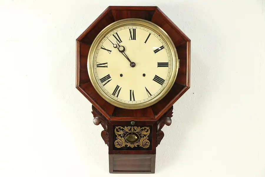 Main image of Victorian Antique Walnut Wall Clock, Hour Strike, Signed Welch