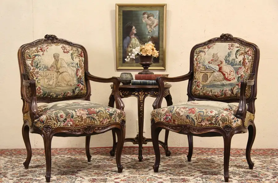 Main image of Pair of Antique 1900 Carved French Chairs, Original Tapestry