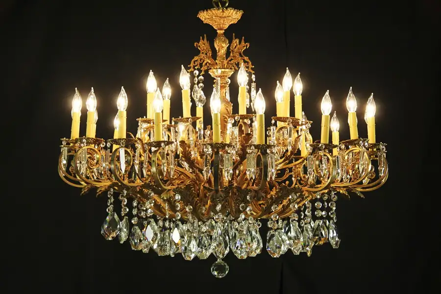 Main image of Bronze 30 Candle Vintage Scandinavian Chandelier, Swans & Crystal Prisms
