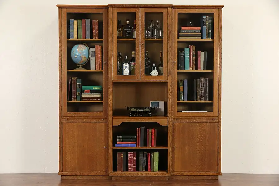 Main image of Oak 1960 Vintage European Desk, Bookcase & Bar Cabinet