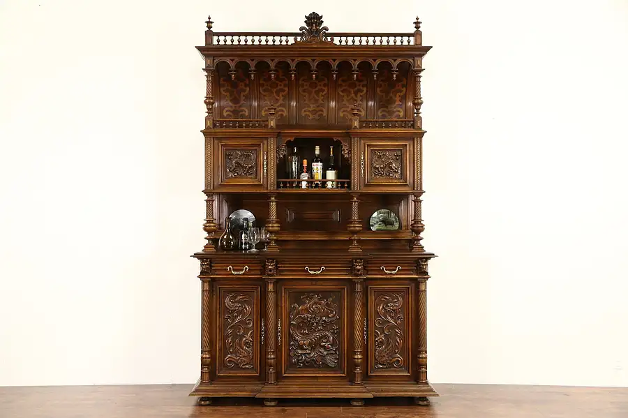Main image of Jesters and Dragons Carved 1890 Antique Walnut Cabinet, Denmark