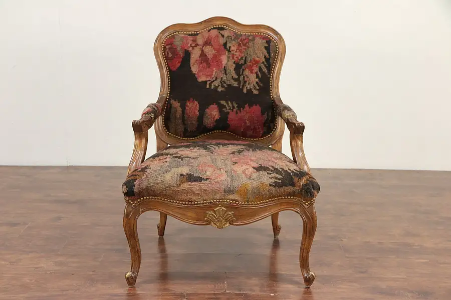 Main image of Country French Carved Hickory Large Vintage Chair, Brass Nailhead Trim