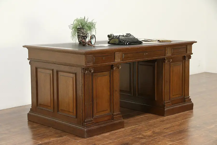 Main image of Classical Antique 1910 Carved Oak Scandinavian Library Desk
