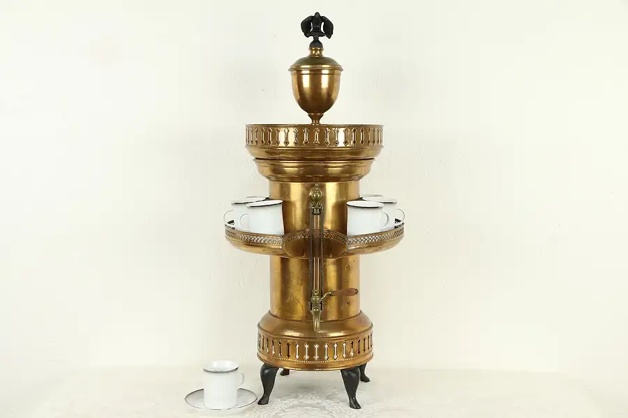 Main image of Copper & Brass Antique Coffee Pot or Urn, Gallery Cup Warmer