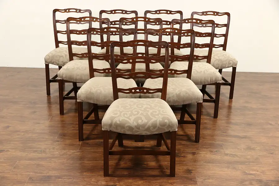 Main image of Set of 10 Traditional Carved Mahogany 1950 Dining Chairs, New Upholstery
