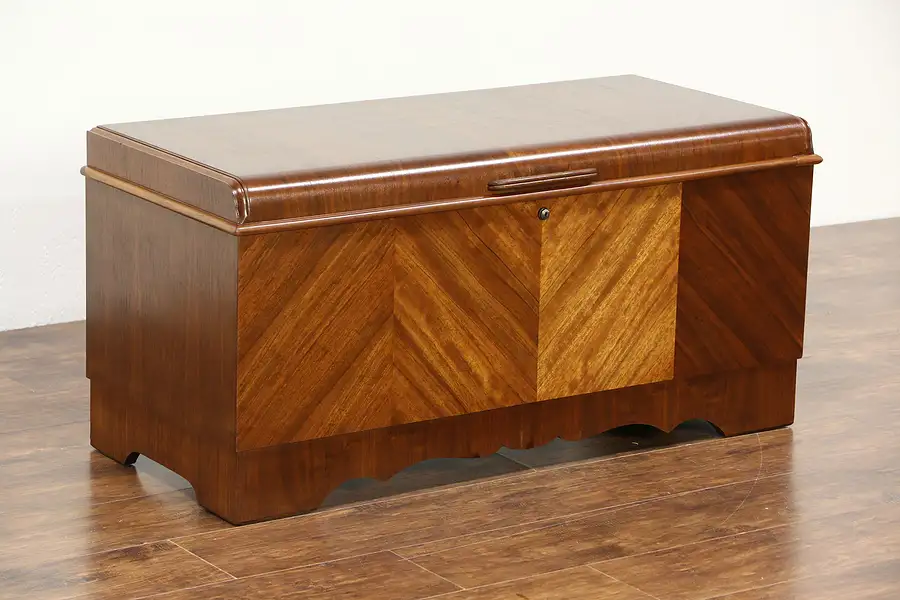 Main image of Art Deco Waterfall 1940 Vintage Cedar Lined Blanket Chest or Trunk, Signed Lane
