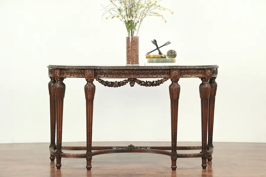 Main image of Walnut & Burl Hand Carved Antique Hall Console Table or Server