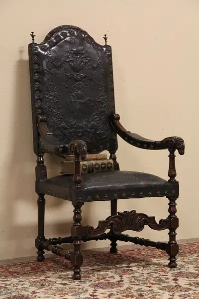 Main image of Ram Heads Tooled Leather Antique Throne Chair