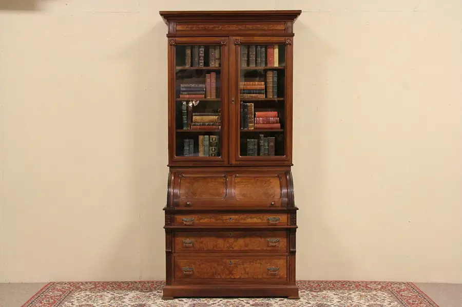 Main image of Victorian Eastlake 1885 Cylinder or Barrel Rolltop Desk & Bookcase