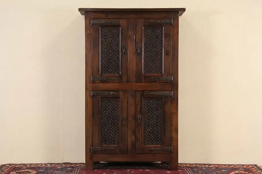 Main image of Spanish Colonial Hand Carved Vintage Fruitwood Cabinet or Linen Cupboard