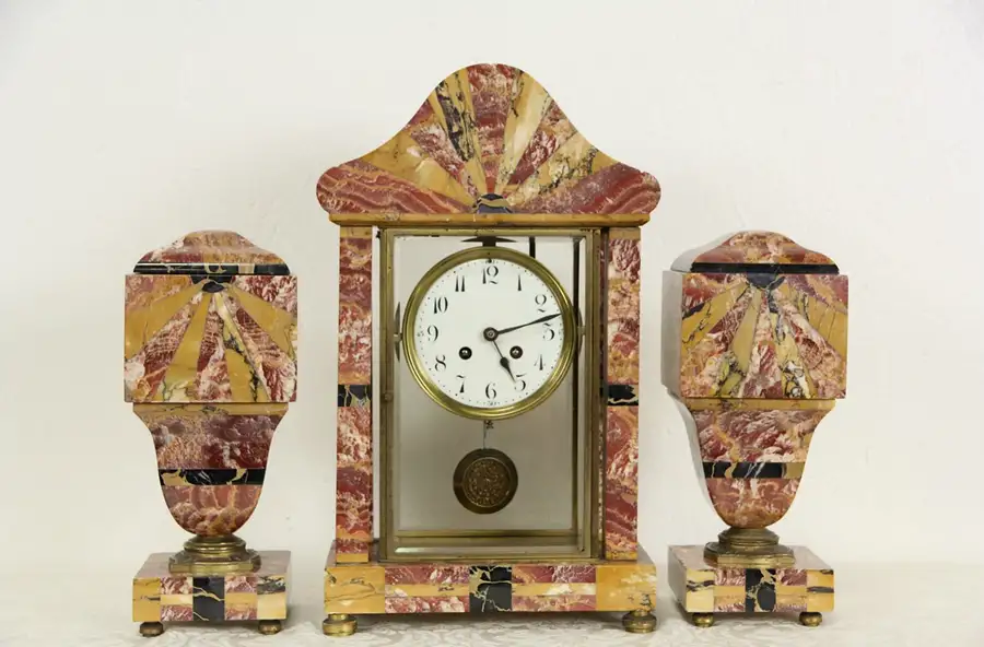 Main image of French Art Deco 1920 Antique Red Marble Mantel Clock Set, 2 Urns