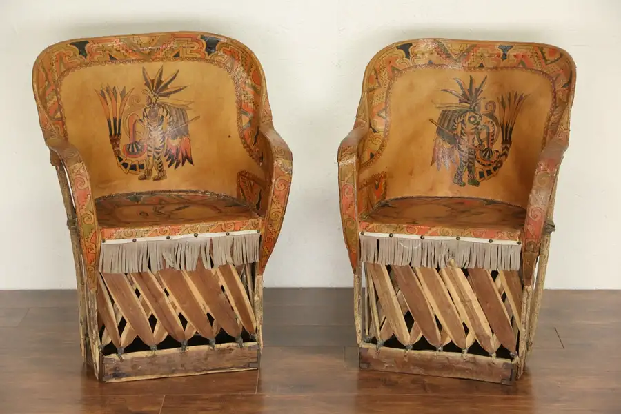 Main image of Southwest Pair of Mexican Aztec Motif Painted Leather Chairs, 1930's Vintage